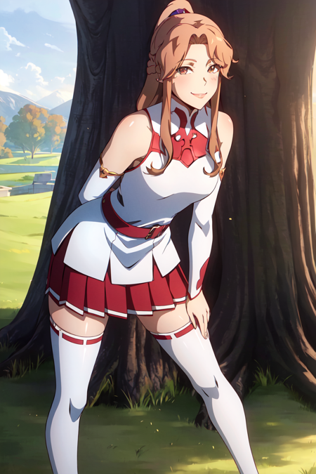 3978522853-3275390452-castlevania style,  asuna _(sao_), outdoors, trees, grass, river,_1girl, armor, arms behind back, asymmetrical bangs, bangs, bar.png